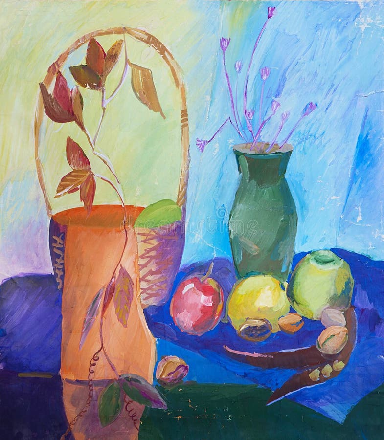 De illustratie van de stillevensamenstelling met mand, vaas, fruit en vector illustratie De illustratie van de stillevensamenstelling met mand, vaas, fruit en vector illustratie