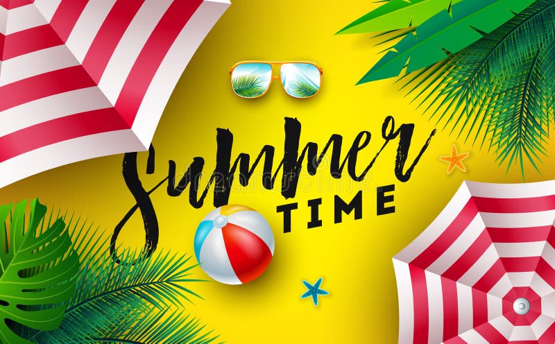 De Illustratie van de de zomertijd met Zonnescherm, Strandbal en Zonnebril op Zon Gele Achtergrond Vector Tropische Vakantie stock illustratie De Illustratie van de de zomertijd met Zonnescherm, Strandbal en Zonnebril op Zon Gele Achtergrond Vector Tropische Vakantie stock illustratie