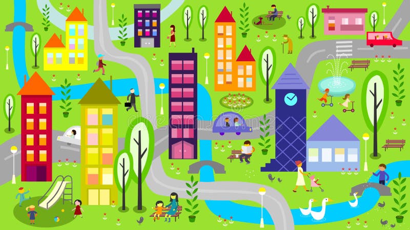 Kleurrijke stad met rivier en wegen vector illustratie Kleurrijke stad met rivier en wegen vector illustratie