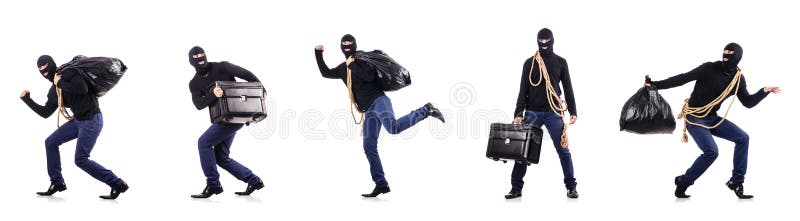 De inbreker die die balaclava dragen op wit wordt geïsoleerd royalty-vrije stock foto De inbreker die die balaclava dragen op wit wordt geïsoleerd royalty-vrije stock foto