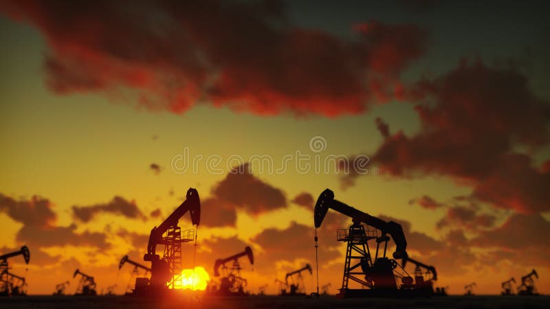 Pump jack industrial machine for petroleum in the sunset. Silhouette of a pump jack pumping oil against a red sky. Pump jack industrial machine for petroleum in the sunset. Silhouette of a pump jack pumping oil against a red sky.