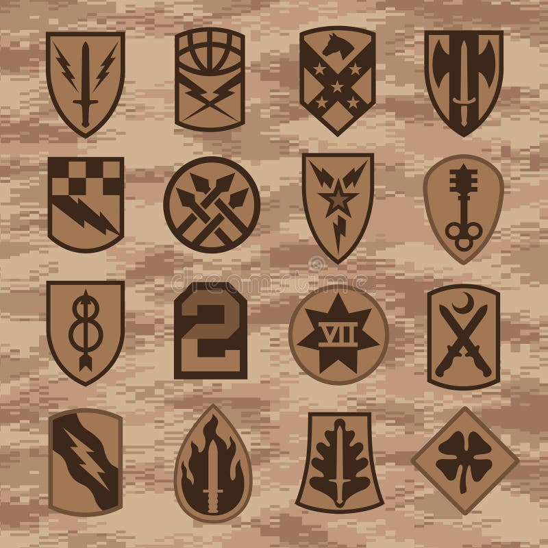 De insignes van het korpsflard die op tan camouflage worden geplaatst royalty-vrije illustratie De insignes van het korpsflard die op tan camouflage worden geplaatst royalty-vrije illustratie