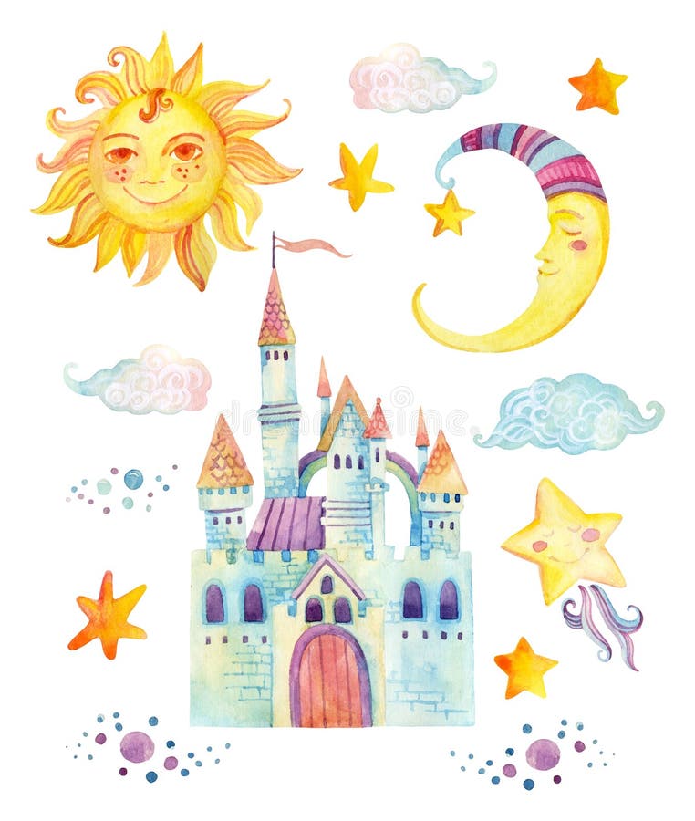 De inzameling van het waterverfsprookje met magisch kasteel, zon, leuke maan, weinig ster en fee betrekt stock illustratie De inzameling van het waterverfsprookje met magisch kasteel, zon, leuke maan, weinig ster en fee betrekt stock illustratie