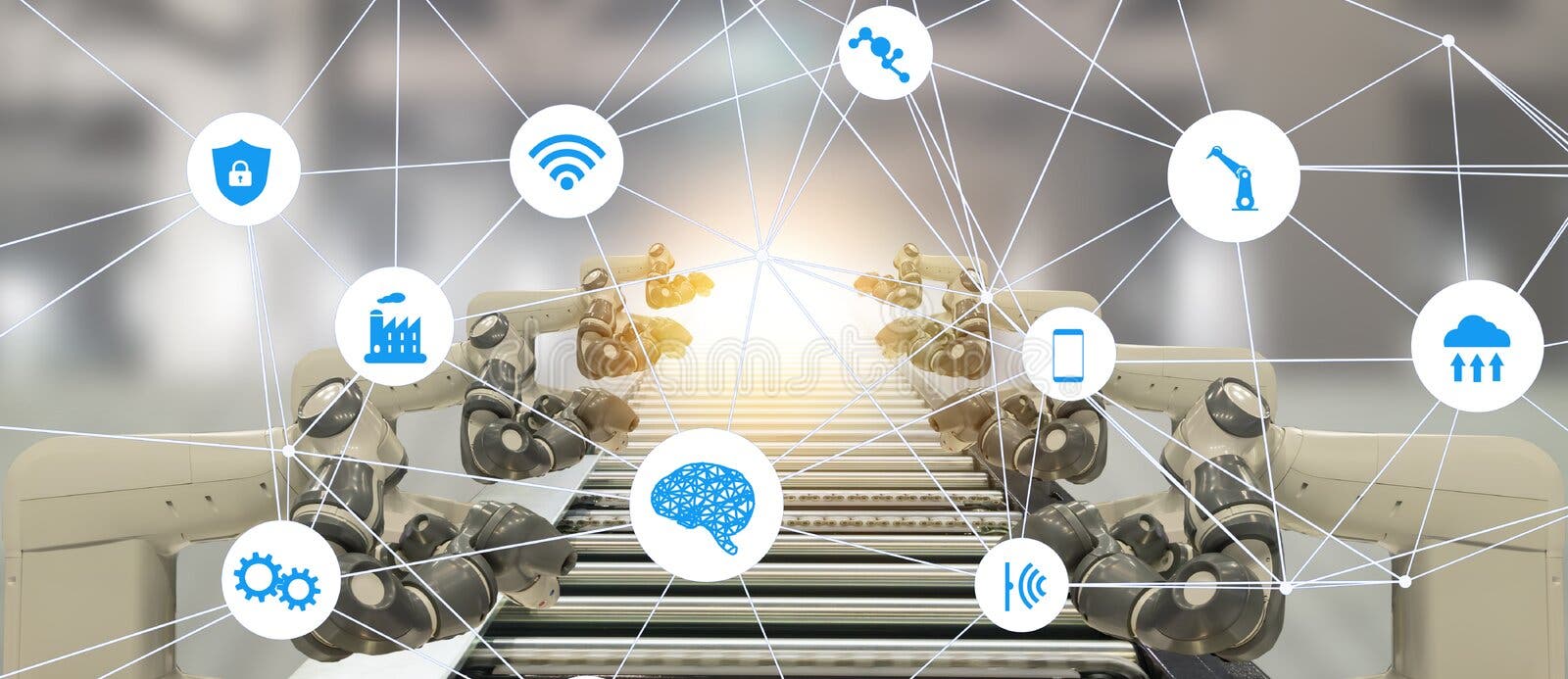 De Iotindustrie 4 0 het concept van de kunstmatige intelligentietechnologie Slimme fabriek die het neigen automatiserings robotac De Iotindustrie 4 0 het concept van de kunstmatige intelligentietechnologie Slimme fabriek die het neigen automatiserings robotac