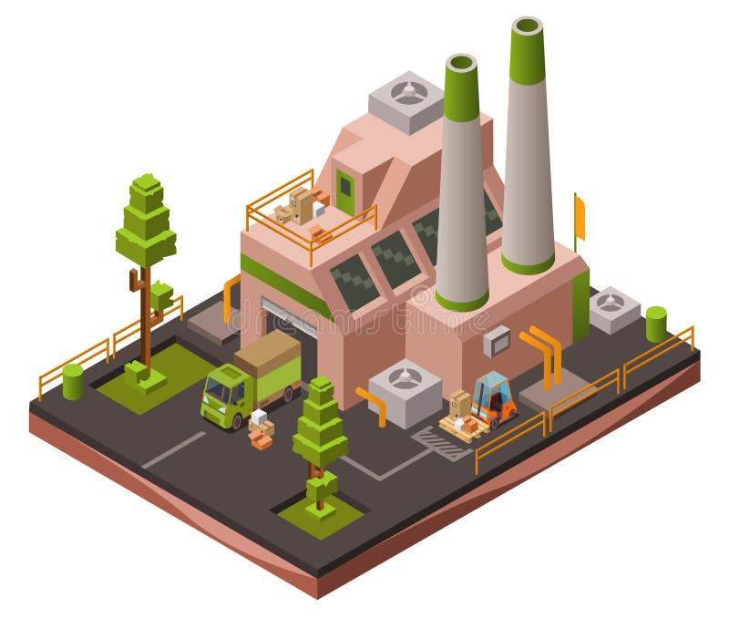 De isometrische 3D vectorillustratie van de fabrieksinstallatie van moderne industriële pakhuis en logistiekvervoervoertuigen vector illustratie De isometrische 3D vectorillustratie van de fabrieksinstallatie van moderne industriële pakhuis en logistiekvervoervoertuigen vector illustratie