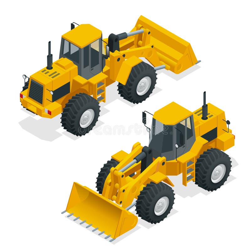 De isometrische Vectortractor van de illustratie gele die bulldozer, bouwmachine, bulldozer op wit wordt geïsoleerd Geel Wiel royalty-vrije illustratie De isometrische Vectortractor van de illustratie gele die bulldozer, bouwmachine, bulldozer op wit wordt geïsoleerd Geel Wiel royalty-vrije illustratie