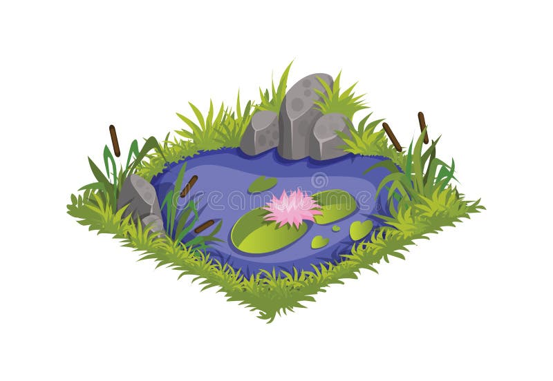 De isometrische Vijver van het Beeldverhaalwater met Wilde Riet en Lelies - Elementen voor Tileset-Kaart, Landschapsontwerp vector illustratie De isometrische Vijver van het Beeldverhaalwater met Wilde Riet en Lelies - Elementen voor Tileset-Kaart, Landschapsontwerp vector illustratie