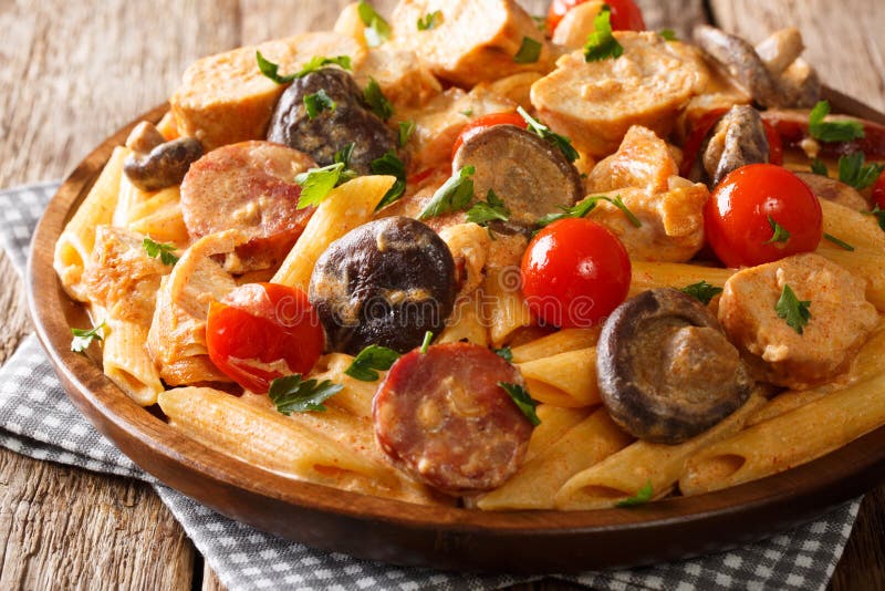 De Italiaanse voedsel penne deegwaren met kip, wilde paddestoelen, rookten worst met het romige close-up van de kaassaus op een p stock foto's De Italiaanse voedsel penne deegwaren met kip, wilde paddestoelen, rookten worst met het romige close-up van de kaassaus op een p stock foto's