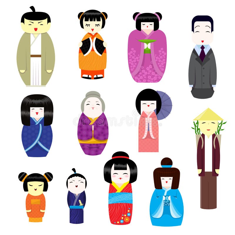 De Japanse Kokeshi-Doll vector mooie geisha van het meisjeskarakter in de vrouwelijke traditionele reeks van de kimonoillustratie stock illustratie De Japanse Kokeshi-Doll vector mooie geisha van het meisjeskarakter in de vrouwelijke traditionele reeks van de kimonoillustratie stock illustratie