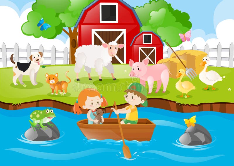 De jonge geitjes die van de landbouwbedrijfscène boot in rivier roeien stock illustratie De jonge geitjes die van de landbouwbedrijfscène boot in rivier roeien stock illustratie