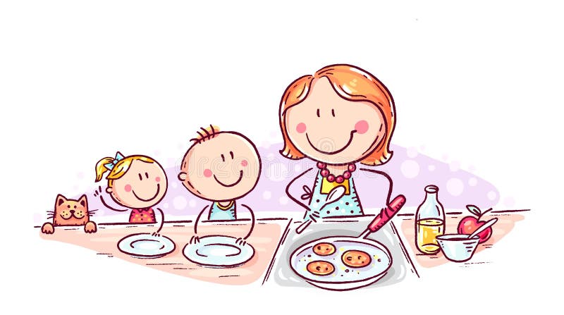 De jonge geitjes wachten want de pannekoekenmoeder, krabbeltekening kookt vector illustratie De jonge geitjes wachten want de pannekoekenmoeder, krabbeltekening kookt vector illustratie