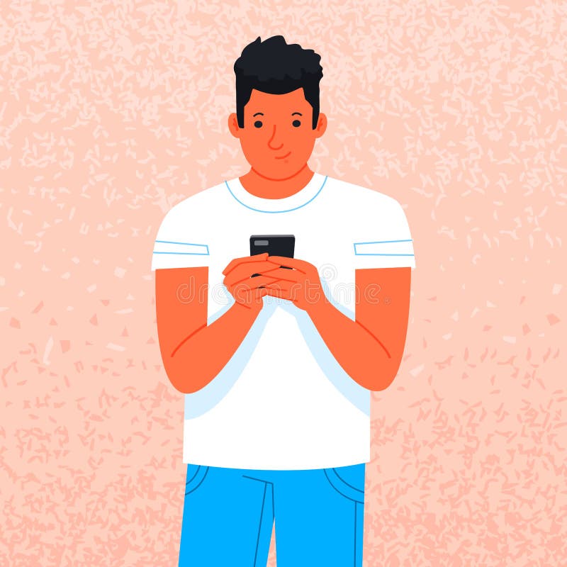 De jonge mens gebruikt een smartphone De kerel houdt een gadget Tijdverdrijf in sociale netwerken stock illustratie De jonge mens gebruikt een smartphone De kerel houdt een gadget Tijdverdrijf in sociale netwerken stock illustratie