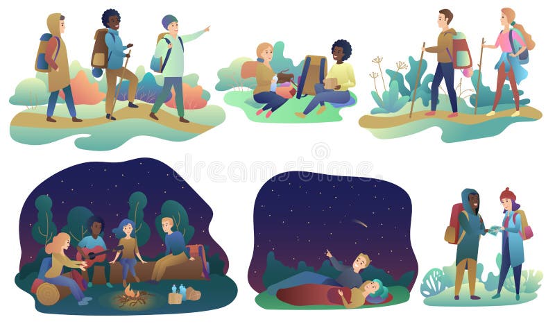 De jonge romantische paren en de groep vrienden die avontuur reizen of het kamperen reis wandelen Het mannelijke en vrouwelijke l vector illustratie De jonge romantische paren en de groep vrienden die avontuur reizen of het kamperen reis wandelen Het mannelijke en vrouwelijke l vector illustratie