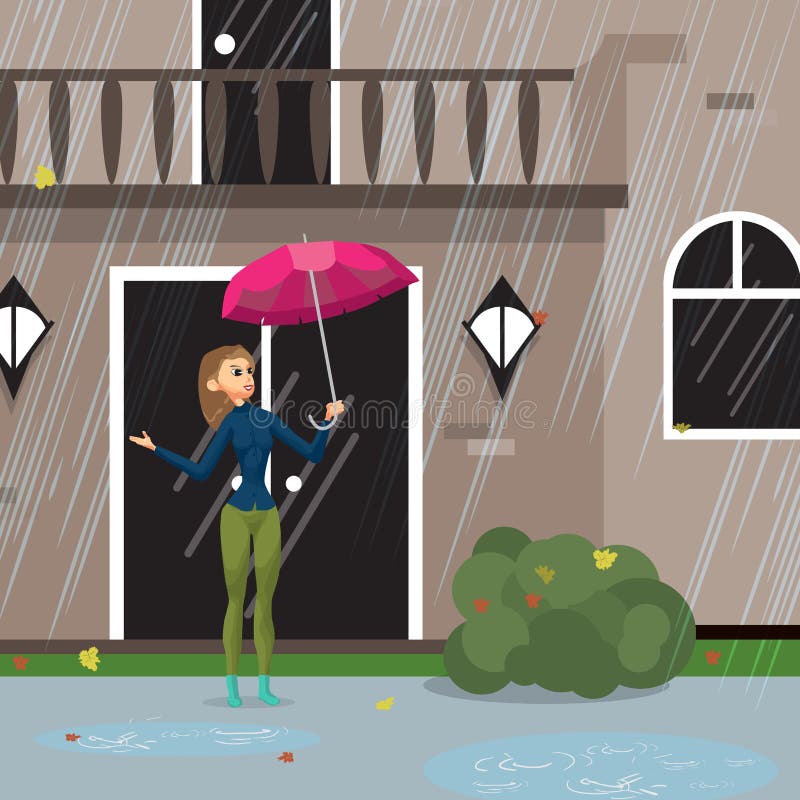 De jonge vrouw komt uit het huis met een paraplu stock illustratie De jonge vrouw komt uit het huis met een paraplu stock illustratie