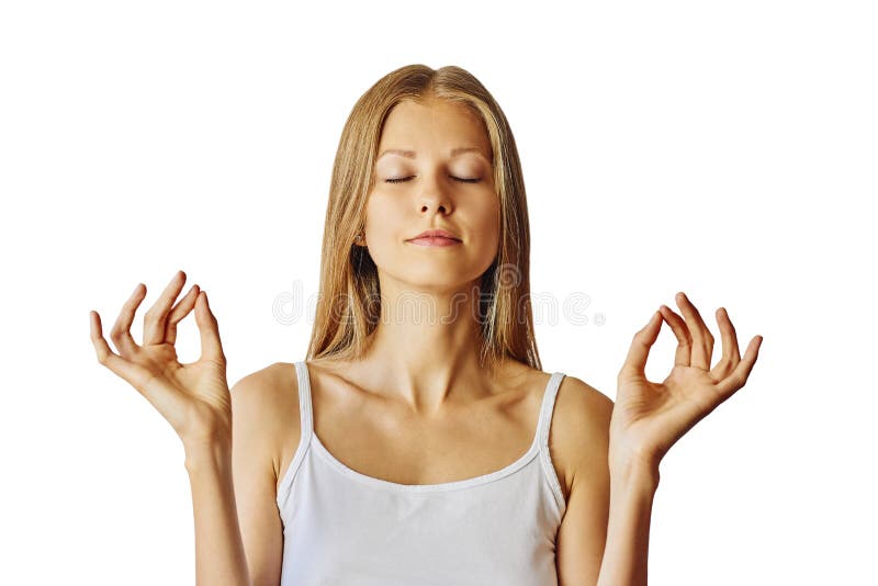 De jonge vrouw met gesloten ogen en dient lotusbloemgebaar in Meditatie, saldo en vrede van meningsconcept Ge?soleerd over wit stock foto's De jonge vrouw met gesloten ogen en dient lotusbloemgebaar in Meditatie, saldo en vrede van meningsconcept Ge?soleerd over wit stock foto's