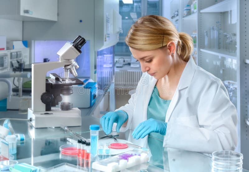De jonge vrouwelijke wetenschapperwerken in modern laboratorium