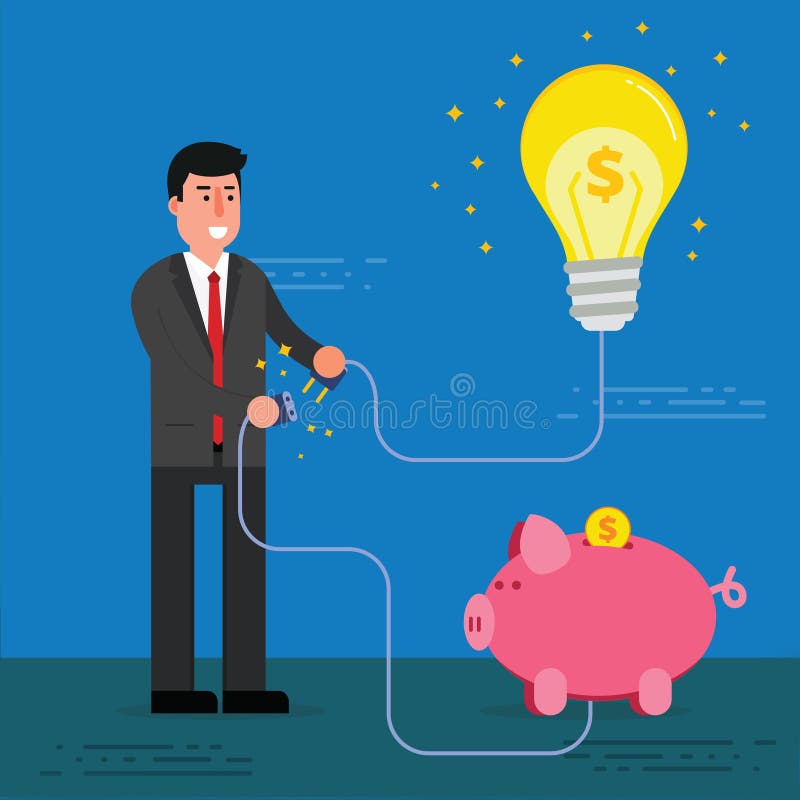 De jonge zakenman of de makelaar verbindt gloeilamp en van het spaarvarken wi vector illustratie De jonge zakenman of de makelaar verbindt gloeilamp en van het spaarvarken wi vector illustratie