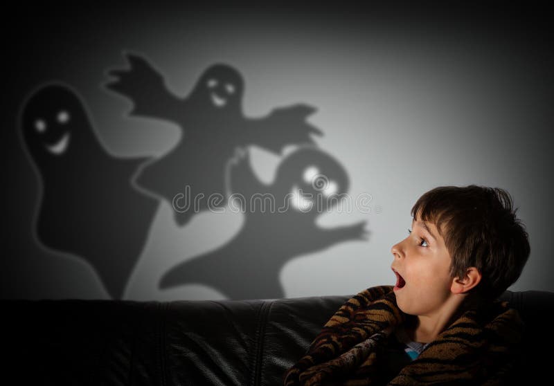 The boy is afraid of ghosts at night. The boy is afraid of ghosts at night