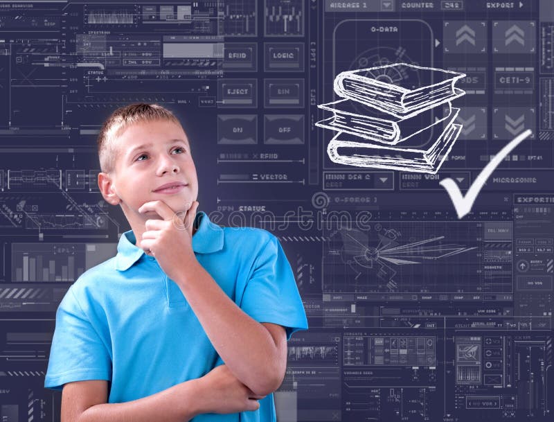 De jongen denkt aan zijn toekomst, technologie en schoolconcept royalty-vrije stock foto's De jongen denkt aan zijn toekomst, technologie en schoolconcept royalty-vrije stock foto's