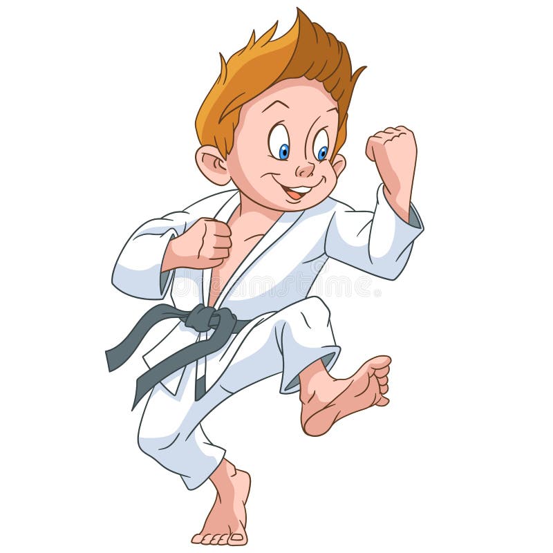 Cartoon boy practicing karate. Colorful book page design for kids and children. Cartoon boy practicing karate. Colorful book page design for kids and children.