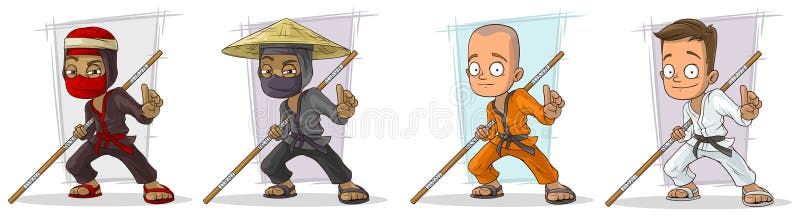 Cartoon karate boys and ninjas with wooden stick character vector set. Cartoon karate boys and ninjas with wooden stick character vector set