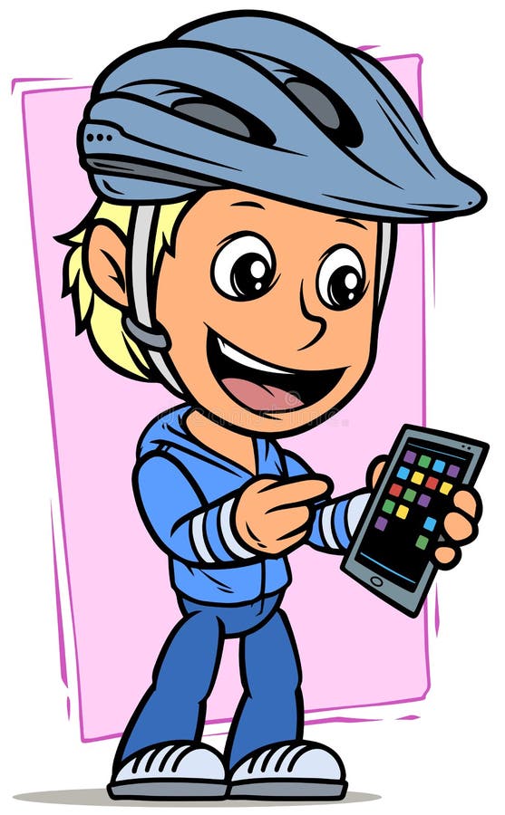 De jongenskarakter van de beeldverhaalfietser met smartphone vector illustratie De jongenskarakter van de beeldverhaalfietser met smartphone vector illustratie