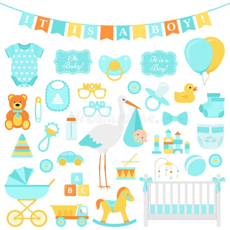 De Jongensreeks van de babydouche Vector illustratie Blauwe elementen voor deel vector illustratie De Jongensreeks van de babydouche Vector illustratie Blauwe elementen voor deel vector illustratie