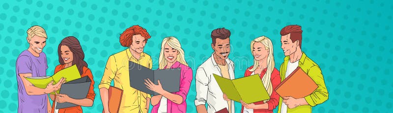 De jongeren groepeert Studenten die over Pop Art Colorful Retro Background lezen royalty-vrije illustratie De jongeren groepeert Studenten die over Pop Art Colorful Retro Background lezen royalty-vrije illustratie