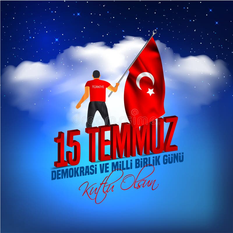 Feriado turco demokrasi ve milli birlik gunu 15 temmuz tradução do turco a  democracia e o dia da unidade nacional da turquia, veteranos e mártires do  feriado de 15 de julho vector