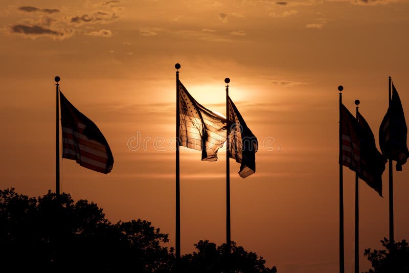 7 DE JUNHO DE 2018, Jersey City, New-jersey, EUA - grupo de bandeiras dos E.U. no por do sol Liberty State Park, Jerssey novo fotografia de stock royalty free 7 DE JUNHO DE 2018, Jersey City, New-jersey, EUA - grupo de bandeiras dos E.U. no por do sol Liberty State Park, Jerssey novo fotografia de stock royalty free
