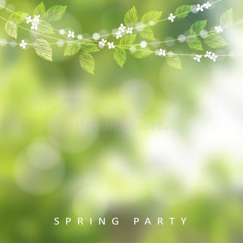 De kaart van de de lentegroet, uitnodiging Koord van lichten, bladeren en kersenbloesems Moderne vage achtergrond, tuinpartij