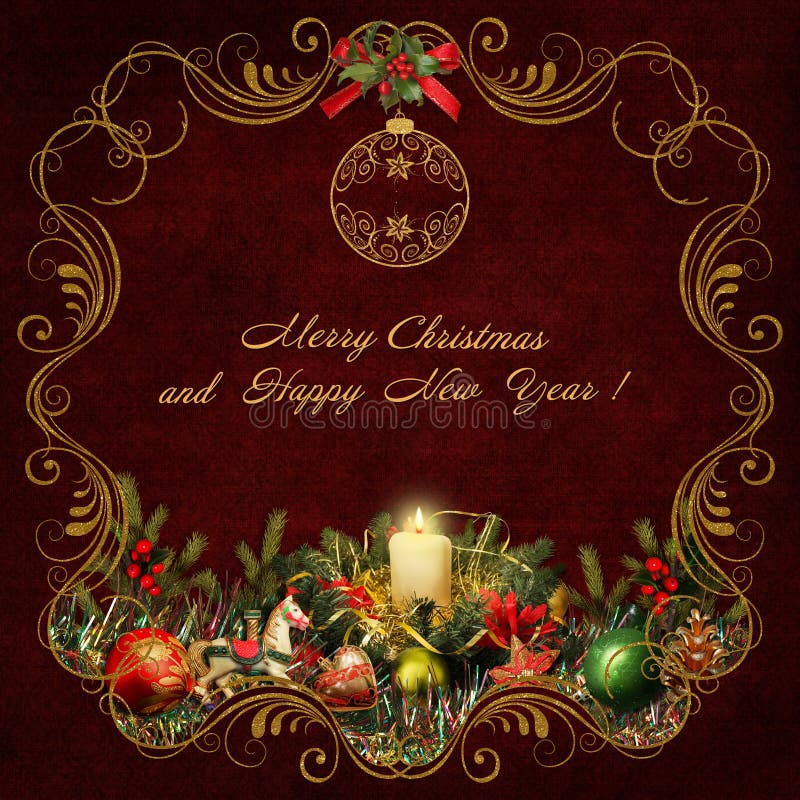 De kaart van de Kerstmisgroet met gouden wervelingen en Kerstmisdecoratie royalty-vrije illustratie De kaart van de Kerstmisgroet met gouden wervelingen en Kerstmisdecoratie royalty-vrije illustratie