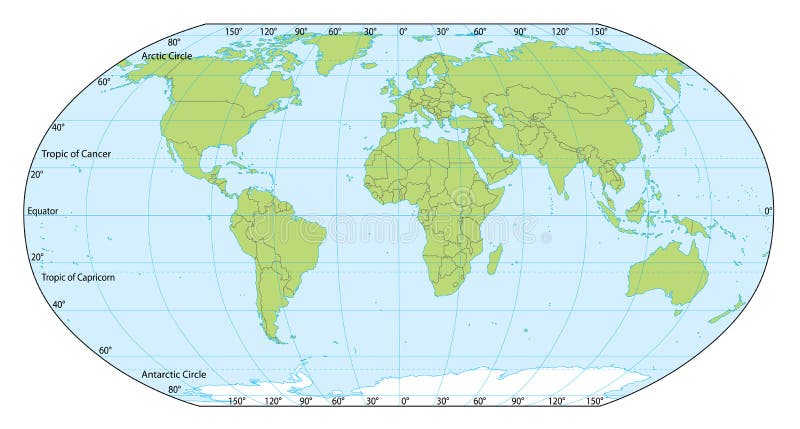 De kaart van de wereld met coördinaten