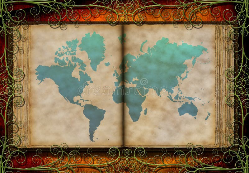 De kaart van de wereld op antiek boek stock illustratie De kaart van de wereld op antiek boek stock illustratie