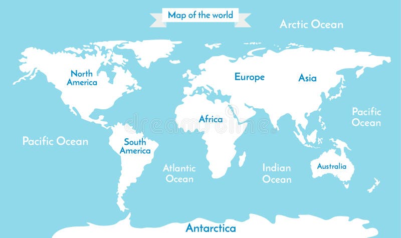 De kaart van de wereld Vectorillustratie met de inschrijving van de oceanen en de continenten
