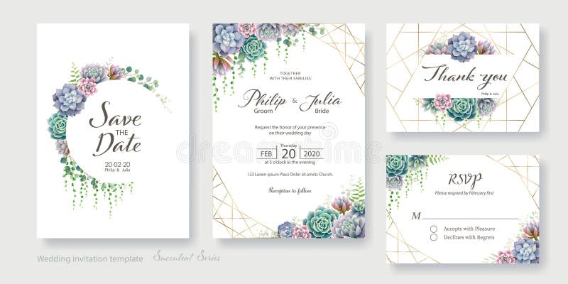 De kaart van de groen, succulente en takkenhuwelijksuitnodiging, sparen de datum, dankt u, rsvp malplaatjeontwerp Vector royalty-vrije illustratie De kaart van de groen, succulente en takkenhuwelijksuitnodiging, sparen de datum, dankt u, rsvp malplaatjeontwerp Vector royalty-vrije illustratie
