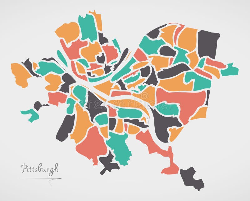 De Kaart van Pittsburgh Pennsylvania met buurten en moderne ronde vector illustratie De Kaart van Pittsburgh Pennsylvania met buurten en moderne ronde vector illustratie