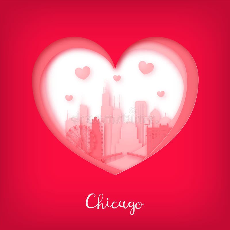 De kaart van valentijnskaarten Document besnoeiingshart en stad van Chicago stock illustratie De kaart van valentijnskaarten Document besnoeiingshart en stad van Chicago stock illustratie