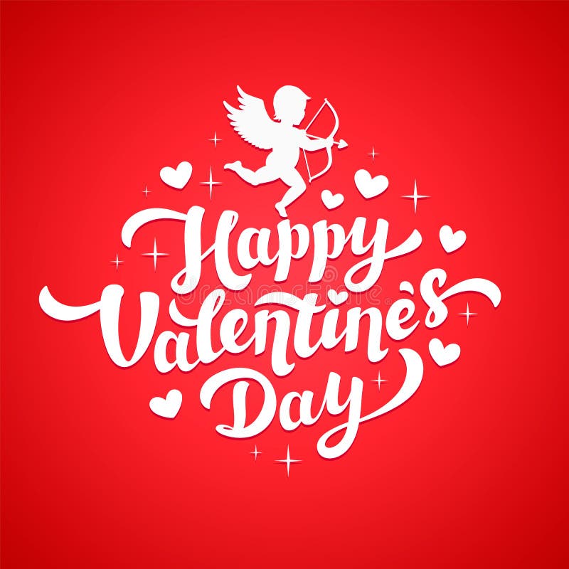 De kaart van de valentijnskaartendag met Cupidosilhouet en harten Het van letters voorzien van de Dag van de gelukkige Valentijns