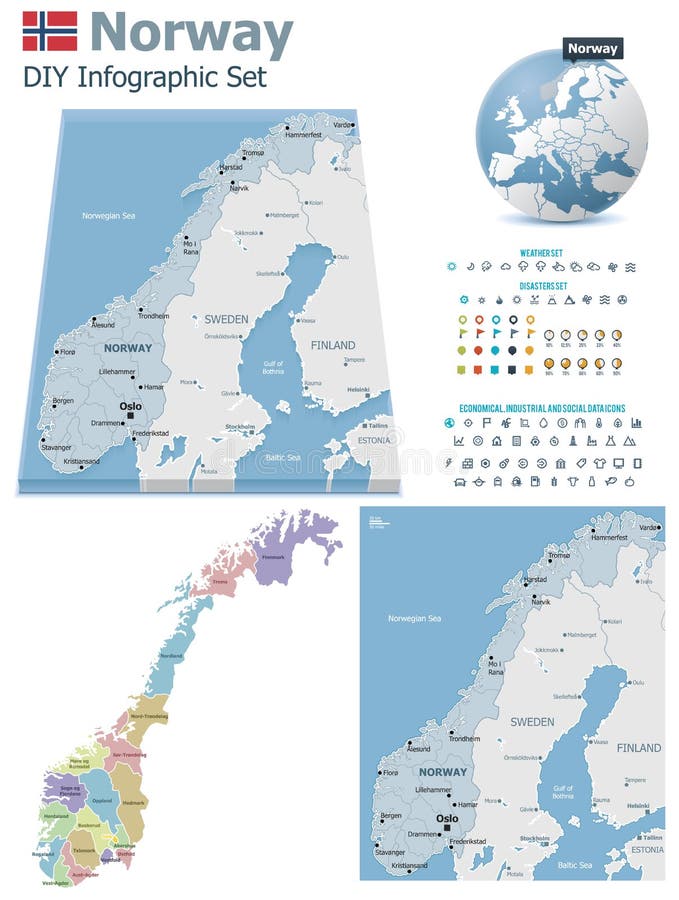 De kaarten van Noorwegen met tellers royalty-vrije illustratie De kaarten van Noorwegen met tellers royalty-vrije illustratie
