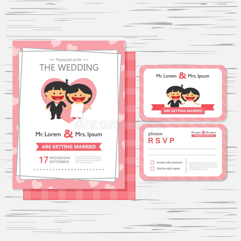 De kaartmalplaatje van de huwelijksuitnodiging met gelukkig jongen en meisje vector illustratie De kaartmalplaatje van de huwelijksuitnodiging met gelukkig jongen en meisje vector illustratie