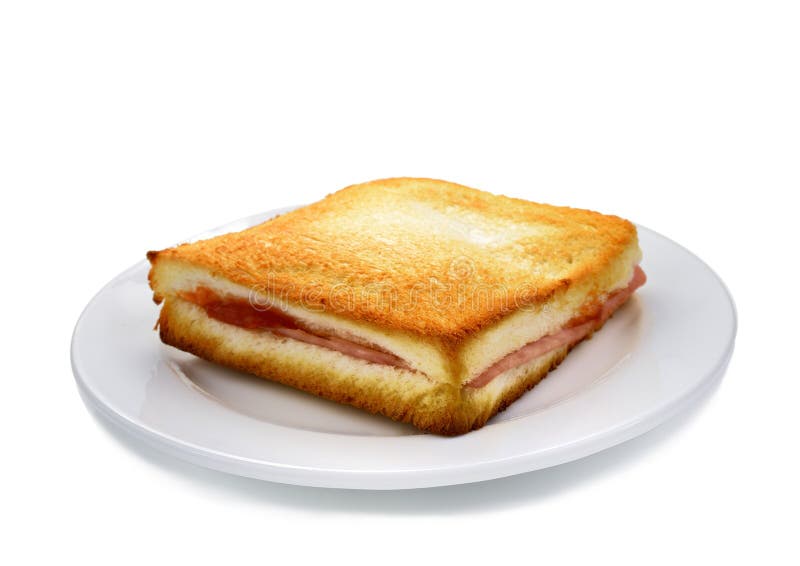 De kaas van de Sanwichham op witte plaat royalty-vrije stock afbeelding De kaas van de Sanwichham op witte plaat royalty-vrije stock afbeelding