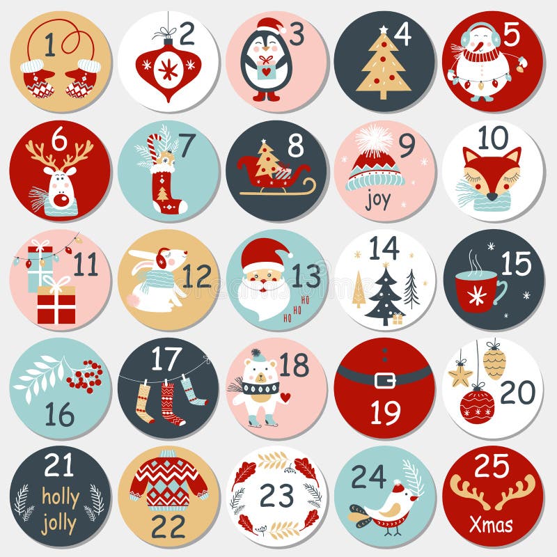 De kalender van de Kerstmiskomst met hand getrokken elementen Kerstmisaffiche