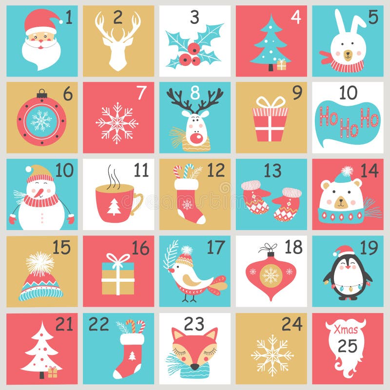 De kalender van de Kerstmiskomst met hand getrokken elementen Kerstmisaffiche