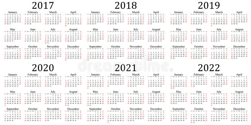 Sluier een paar venster De Kalender Van Zes Jaar - 2017, 2018, 2019, 2020, 2021 En 2022 Vector  Illustratie - Illustration of dagboek, datum: 73631140