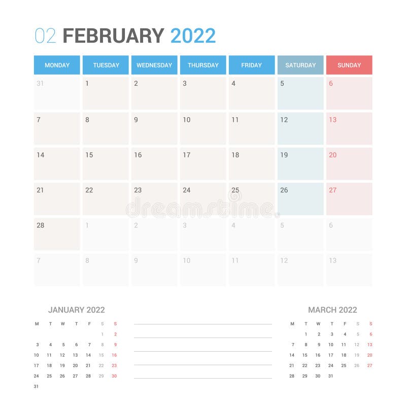 De kalenderweek van februari 2022 begint op maandag.