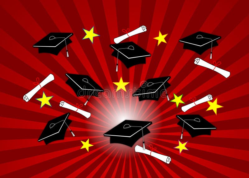 Vector illustration of black graduation caps with diplomas and gold stars on radial red background. Vector illustration of black graduation caps with diplomas and gold stars on radial red background.