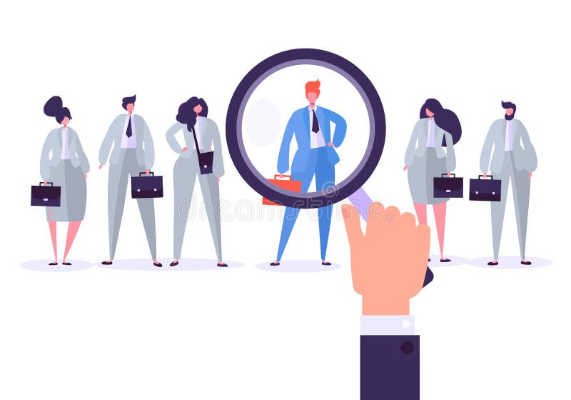 De karakters van het rekruteringsbeheer, beste baankandidaat Personeel die naar individualiteit zoeken Hand met Magnifier vector illustratie De karakters van het rekruteringsbeheer, beste baankandidaat Personeel die naar individualiteit zoeken Hand met Magnifier vector illustratie