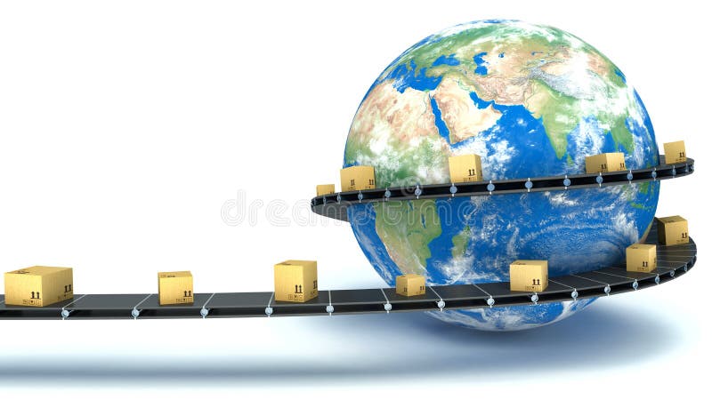 De kartondozen worden geleverd over de hele wereld op de transportband royalty-vrije illustratie De kartondozen worden geleverd over de hele wereld op de transportband royalty-vrije illustratie