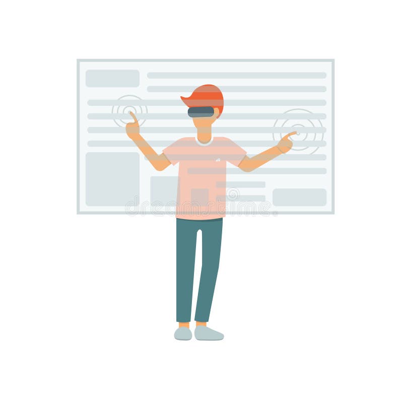 De kerel met glazen van virtuele werkelijkheid raakt het virtuele scherm royalty-vrije illustratie De kerel met glazen van virtuele werkelijkheid raakt het virtuele scherm royalty-vrije illustratie